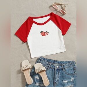 SHEIN Strawberry Print Crop Baseball Tee